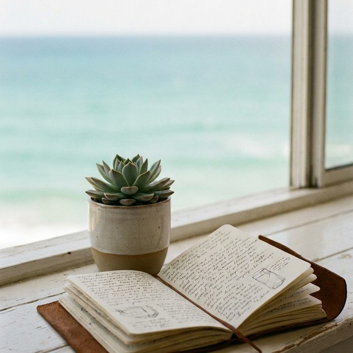 Content erstellen mit künstlicher Intelligenz: Notizbuch und kleine Pflanze auf der Fensterbank
