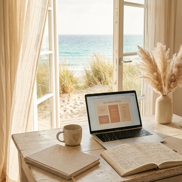 Digitale Produkte erstellen: Laptop am Fenster, daneben ein wehender Leinenvorhang