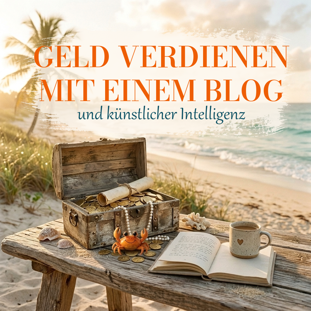 Geld verdienen mit einem Blog: heller Küstenarbeitsplatz mit Journal und Meerblick