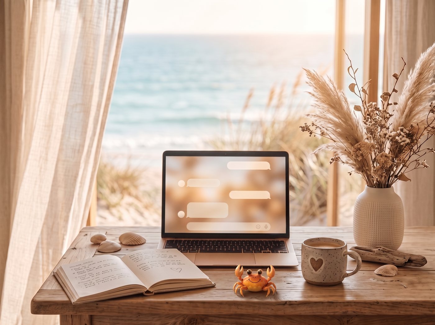 Heller Küsten-Arbeitsplatz mit Laptop, Journal und der kleinen orangen Krabbe vom KI-Atelier